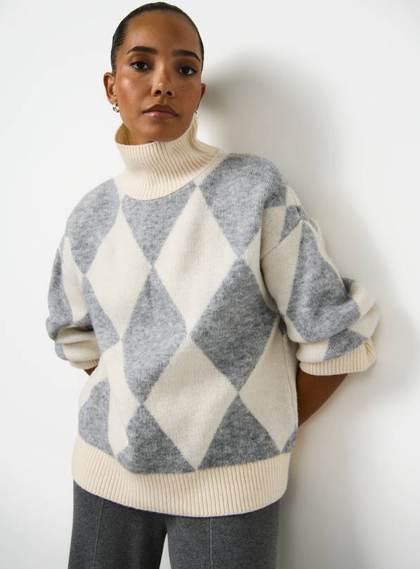 Grey Argyle High Neck Knitted Jumper XL